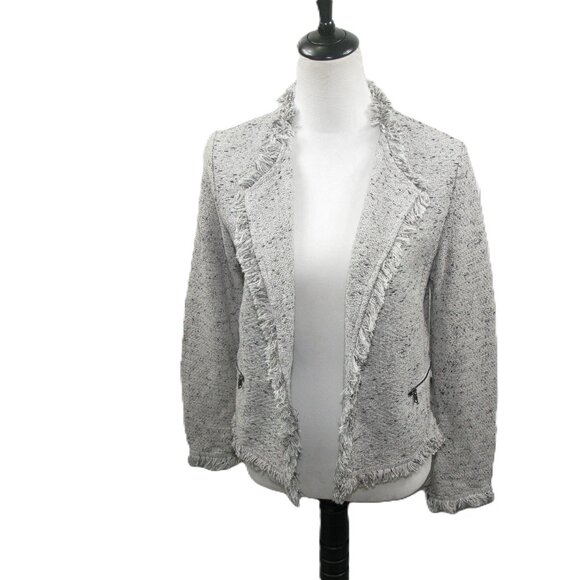 Nic+Zoe Gray Tweed Fringe Open Front Blazer Size Medium - Picture 1 of 6